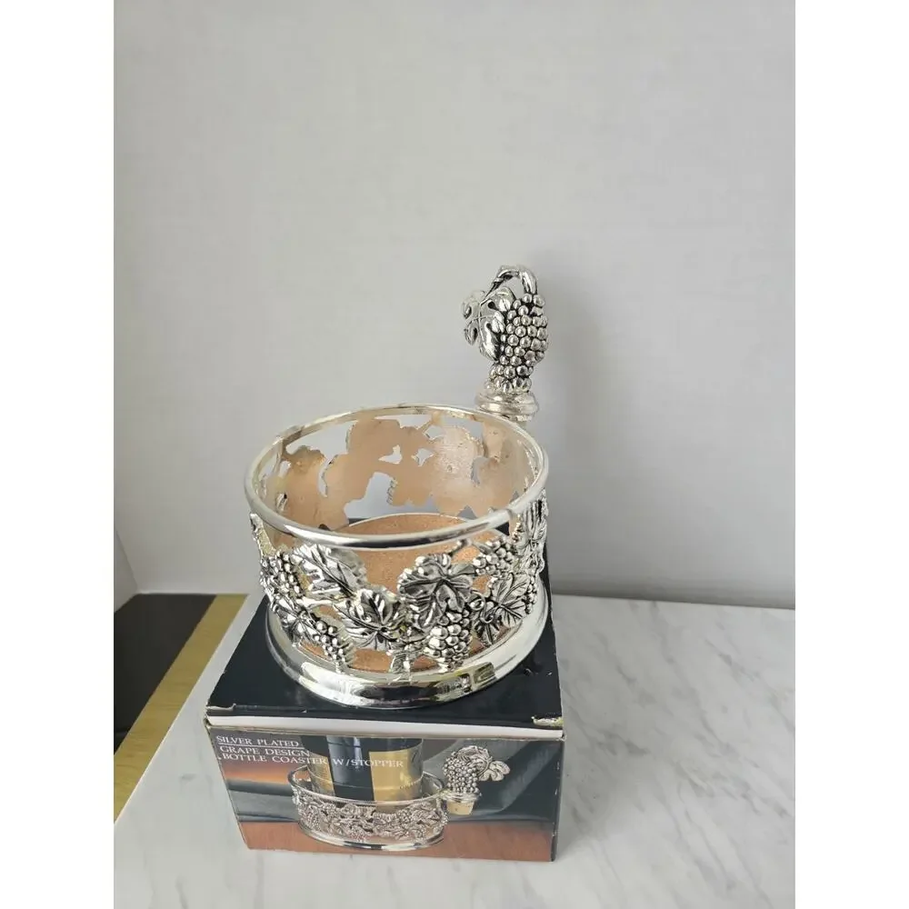 Vintage Godinger Silver Plated Wine Bottle Coaster & Stopper Set - NOS